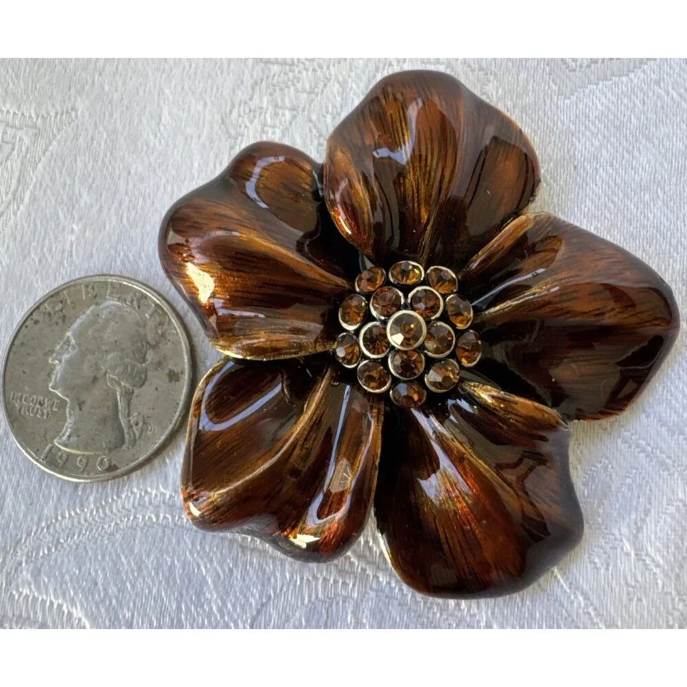 Cara New York Brooch Steampunk Bronze Flower Rhinestone Center NEW